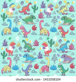 Vector seamless pattern with fan dino activities. Hand drawn line doodle illustration