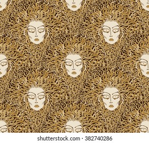 Vector seamless pattern. Fan shaped decorative Medusa face,serpent hair. Fish scale order. Gold, beige, brown, black.Cartoon snake character.Art deco wallpaper, wrapping. Tattoo vector contour drawing