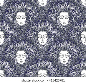 Vector seamless pattern. Fan shaped decorative Medusa face,serpent hair. Fish scale order. Silver, metallic, indigo blue. Cartoon girl, snake character.Art deco wallpaper, wrapping. Tattoo contour