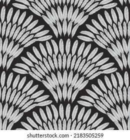 Vector seamless pattern with fan from silver grey feathers on a black background. Coloring book page