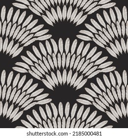 Vector seamless pattern with fan from silver grey feathers on a black background. Coloring book page