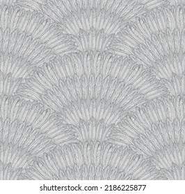 Vector seamless pattern with fan from silver grey feathers on a gray background