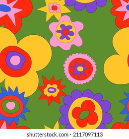 Vector Seamless Pattern Of Fancy Hippie Flowers. Bright Psychedelic Plants In The Style Of The 70s And 80s. For Packaging, Wallpaper, Textiles, Design, Website.