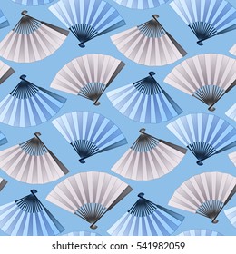 Vector seamless pattern with fans in blue and silver colors. Asian traditional design