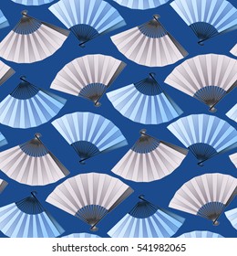 Vector seamless pattern with fans in blue and silver colors. Asian traditional design