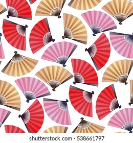 Vector seamless pattern with fans in red, pink and golden colors. Asian traditional design