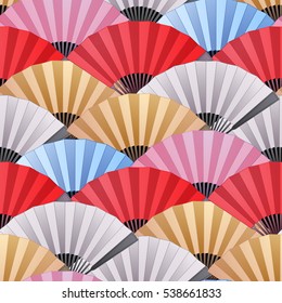 Vector seamless pattern with fans in red, pink, blue, silver and golden colors. Asian traditional design