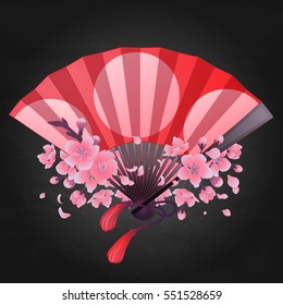 Vector seamless pattern with fans in red, pink, blue, silver and golden colors. Asian traditional design