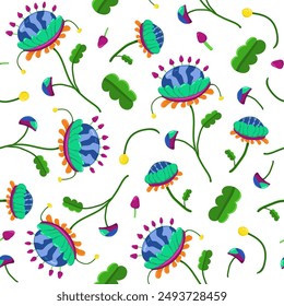 Vector seamless pattern of fantastic alien plants. Fantasy unusual botanical illustration. Modern floral background. Decorative ornament for fabric, textile, wrapping paper.