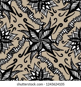 Vector seamless pattern with fantastic ethnic composition. Floral graphic illustration. Beautiful black and white print for interior, fabric, bedding, textile, clothing, wrapping paper, wallpaper.