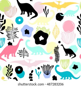 Vector seamless pattern with fantastic flowers and dinosaurs. Can be used for wallpaper, web page background, surface textures.