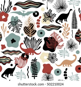Vector seamless pattern with fantastic flowers and dinosaurs. Can be used for wallpaper, web page background, surface textures.