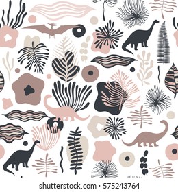 Vector seamless pattern with fantastic flowers and dinosaurs. Can be used for wallpaper, web page background, surface textures.