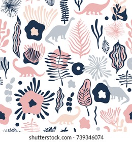 Vector seamless pattern with fantastic flowers and dinosaurs. Can be used for wallpaper, web page background, surface textures.