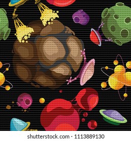 Vector seamless pattern from fantastic planets and alien spaceships decorated with light lines. On a black background