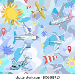 
Vector seamless pattern with fantasy airplanes, clouds and destinations. Abstract travel or holidays background. Hand drawn.