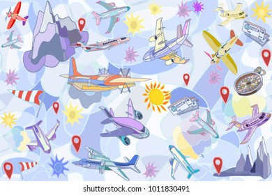Vector seamless pattern with fantasy airplanes, clouds, sun, stars and destinations. Abstract travel or holidays background. Hand drawn.
