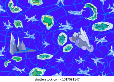 Vector seamless pattern with fantasy airplanes and islands. Abstract travel or transportation blue background. Hand drawn.