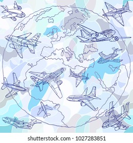 Vector seamless pattern with fantasy airplanes, clouds and globe. Abstract travel or holidays blue background. Hand drawn.