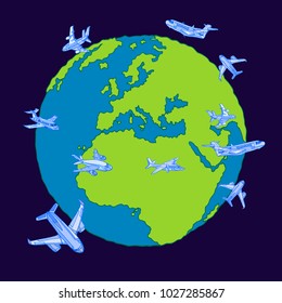 Vector seamless pattern with fantasy airplanes flying around the globe. Abstract travel or holidays blue background. Hand drawn.