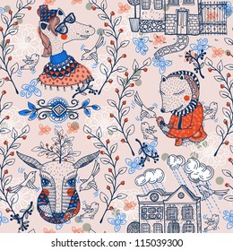 vector seamless pattern with fantasy animals and vintage houses