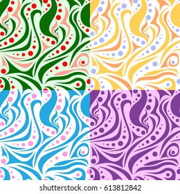 Vector seamless pattern. A fantasy artwork consists of curls and circles. Four patterns of different colors: purple tones, green-red tones, yellow-orange, turquoise-pink.