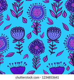 Vector seamless pattern with fantasy cartoon flowers. Perfectly for wrapping paper, bed linen, textile, fabric, cover, cards, wallpaper, fashion, kids clothing, interior.