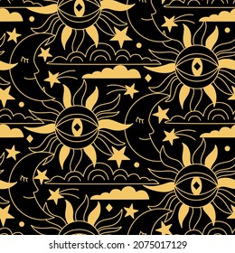 Vector seamless pattern with fantasy celestial objects sun, stars and moon