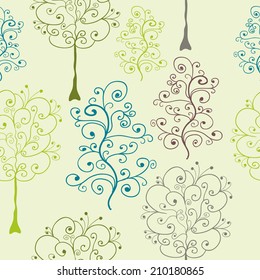 Vector seamless pattern of fantasy curly trees. Eps 10.