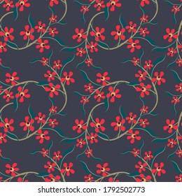 Vector seamless pattern with fantasy flowers, leaves, twigs. Elegant floral background. Simple ditsy texture. Liberty style wallpapers. Red, gold, dark blue, teal color. Repeat design for decor, print