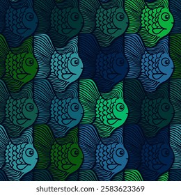 Vector Seamless Pattern with Fantasy Goldfish Shaped Fish in Midnight Ocean Colours