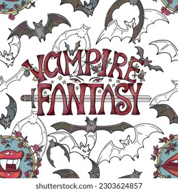 Vector seamless pattern with fantasy illustrations of vampire bats and romantic victorian decorations. Halloween background with gothic and esoteric symbols.