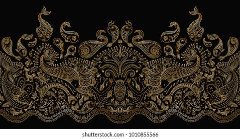 Vector seamless pattern. Fantasy mermaid, octopus, fish, sea animals golden contour thin line drawing with ornaments on a black background. Embroidery border, wallpaper fringe, textile print, wrapping