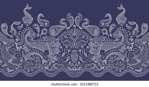 Vector seamless pattern. Fantasy mermaid, octopus, fish, sea animals beige contour thin line drawing with ornaments on a dark blue background. Embroidery border, wallpaper, textile print, wrapping pap