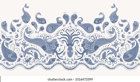 Vector seamless pattern. Fantasy mermaid, octopus, fish, sea animals dark indigo blue silhouette with ornaments on a beige background. Batik border, wallpaper fringe, textile print, wrapping paper