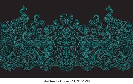 Vector seamless pattern. Fantasy mermaid, octopus, fish, sea animals thin turquoise contour line ornate drawing on a dark black background. Embroidery border, wallpaper, textile fringe print, wrapping