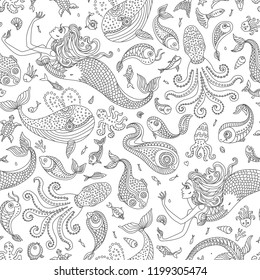 Vector seamless pattern. Fantasy mermaid, octopus, fish, sea animals black contour thin line drawing with ornaments on a white background. Coloring book, wallpaper, textile print, wrapping paper