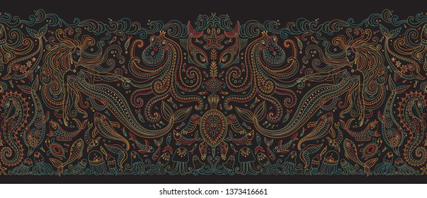 Vector seamless pattern. Fantasy mermaid, octopus, fish, sea animals colorful contour thin line drawing with ornaments on a black background. Embroidery border, wallpaper, textile print, wrapping 