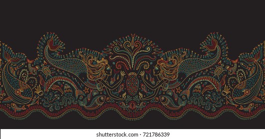 Vector seamless pattern. Fantasy mermaid, octopus, fish, sea animals colorful contour thin line drawing with ornaments on a black background.Embroidery border, wallpaper, textile print, wrapping paper