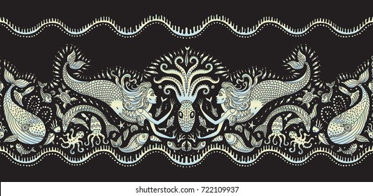 Vector seamless pattern. Fantasy mermaid, octopus, fish, sea animals colorful pearl silhouette with ornaments on a black background. Batik border, wallpaper fringe, textile print, wrapping paper