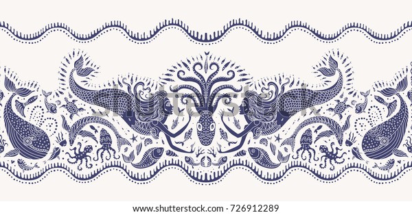 ベクターシームレスなパターン ベージュ背景にファンタジー人魚魚魚海動物の藍色のシルエットと装飾 バティックの縁 壁紙の縁 織物の印刷 包装紙 のベクター画像素材 ロイヤリティフリー 726912289