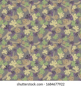Vector seamless pattern with fantasy plants, purple and green leaves, branches, flowers. Vintage floral texture. Abstract botanical ornament, natural wallpapers. Ornate background in pastel colors