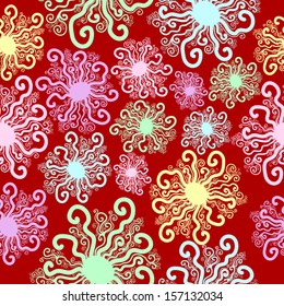 Vector seamless pattern of fantasy snowflakes on a red background