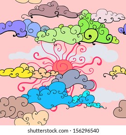 Vector seamless pattern of the fantasy sun in the cloudy sky