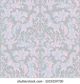 Vector seamless pattern. Fantasy unicorn, tree, flowers, leaves light pink blue silhouette with ornaments on alight gray background. Embroidery template, wallpaper, textile print, wrapping paper