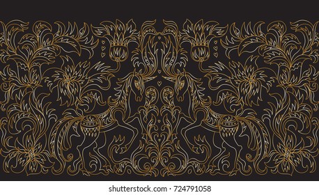 Vector seamless pattern. Fantasy unicorn, tree, flowers, leaves golden contour thin line drawing with ornaments on black background. Embroidery border, wallpaper fringe, textile print, wrapping paper
