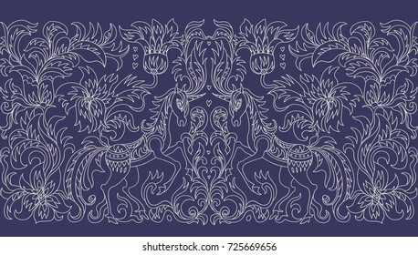 Vector seamless pattern. Fantasy unicorn, tree, flowers, leaves silver contour thin line drawing  on a dark indigo blue background. Embroidery border, wallpaper fringe, textile print, wrapping paper