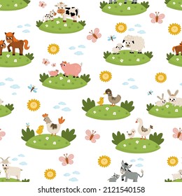 Vector seamless pattern with farm animal scenes. Repeat background with cow, horse, goat, sheep, duck, hen, pig and their babies. Cute country mother and baby digital paper
