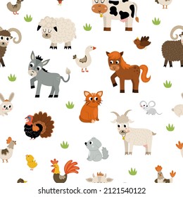 Vector seamless pattern with farm animals and birds. Repeat background with cow, horse, goat, sheep, duck, hen, pig. Rural countryside themed nature digital paper
