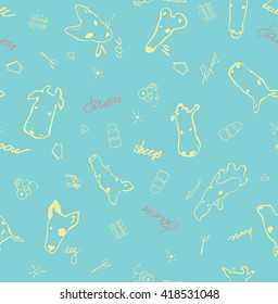 Vector seamless pattern with farm animals made in cartoon style. Bull, cow, mouse, pig, sheep, horse, goat, duck, donkey, swine and other mammals. Perfect for background or textile